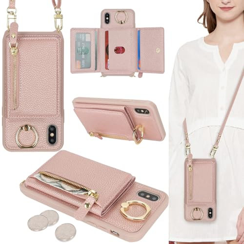 ELTEKER Handyhülle für iPhone X/XS Hülle mit Band Kartenfach Ringhalterung Geldbörse,Leder Klapphülle Umhängetasche Handytasche für iPhone X/XS - roségold
