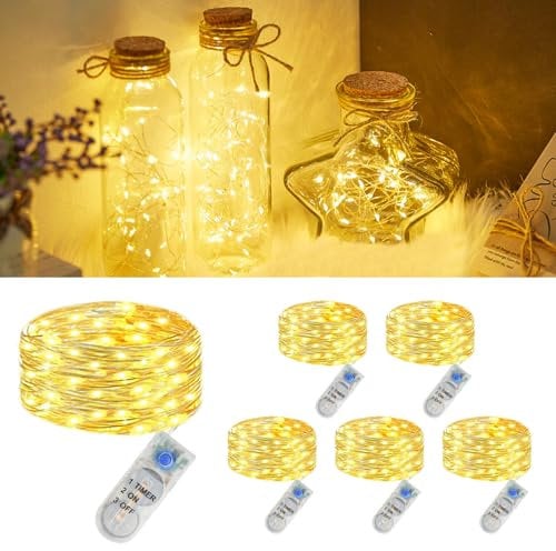 6 Stück Micro Led Lichterkette mit CR2032 Batterie, IP44 Wasserdichte Lichterkette mit Timer, 2M 20LED Mini Led Lichterketten Draht Innen für Weihnachten Deko, Halloween, Innen, Garten, Warmweiß