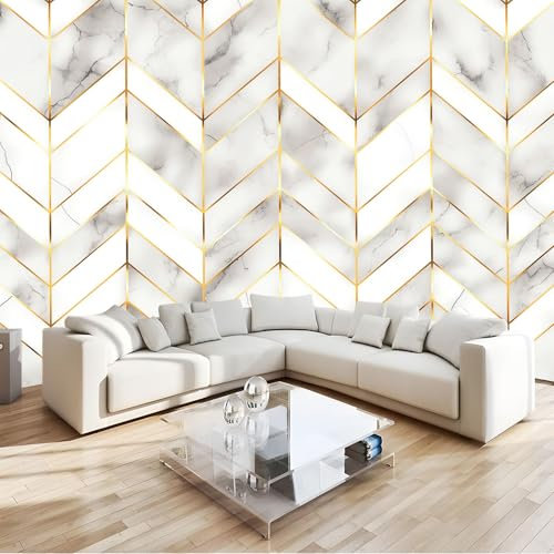 Murale Photo Papier Peint 250 x 175 cm Intissé Tableaux Poster Mural Tapisserie Texture De Marbre D'Or Blanc Papier Peint Panoramique Or Blanc Salon Maison Décorative Tenture Appartement
