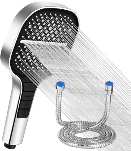 Duschkopf Wassersparend mit Schlauch 1.5M, Duschkopf Regendusche mit 7 Strahlarten, Handbrause, mit Stopptaste, Sparduschkopf, Regendusche Duschkopf Druckerhöhend, Gross Duschbrause, Chromoberfläche