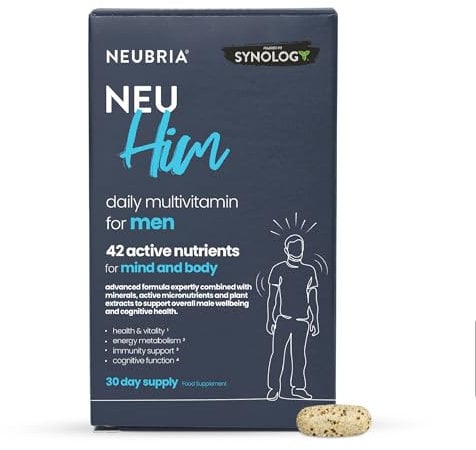 NEUBRIA NEU HIM Multivitamin for Men with Botanicals - 42 Active Nutrients, Vitamin D3, Zinc, Iron, Herbal Extracts, Cognitive Formula Ideal for Active Lifestyles – UK Made, 30 Tablets