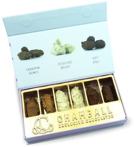 CHAMBALL GOURMET.- 6 Trufas. 2 de Pistacho, 2 de Chili y 2 de Cookies con canela.Ideal para Disfrutar y Regalar - Caja de Chocolates Belgas Artesanos -Surtido de Bombones Premium de Origen Belga