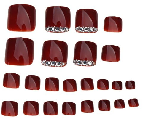 Lot de 24 faux ongles carrés courts en cristal rouge vin brillant mariage faux ongles de pied couverture complète ongles de pied de mariée