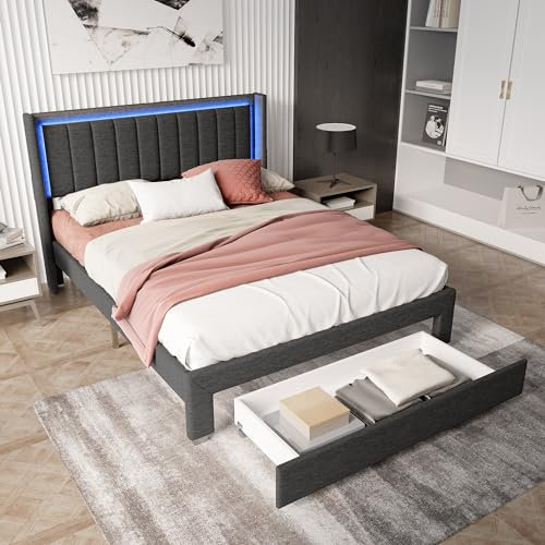 Polsterbett 180x200 cm mit Schubladen, Doppelbett mit Stauraum, Funktionsbett mit LED und USB Ladefunktion, Jugendbett Stauraumbett Bettgestell mit Holz Lattenrost, Leinen, Grau, Ohne Matratze