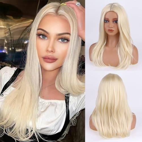 Wepwcod Platin Blond Perücken für Frauen Lang Glatt Gerade Perücken mit Spitze Mittelscheitel für Frauen Natürliche Synthetische Haare Blonde Perücke für den täglichen Gebrauch & Party