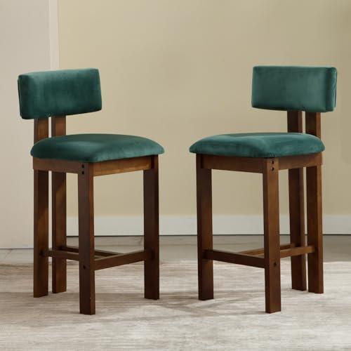 chairus Tabourets de Bar Vintage en Bois Lot de 2 Chaise de Bar en Velours, Pied en Bois Massif, Coussin Confortable, Chaise Haute Bar 66cm pour Comptoir, Vert