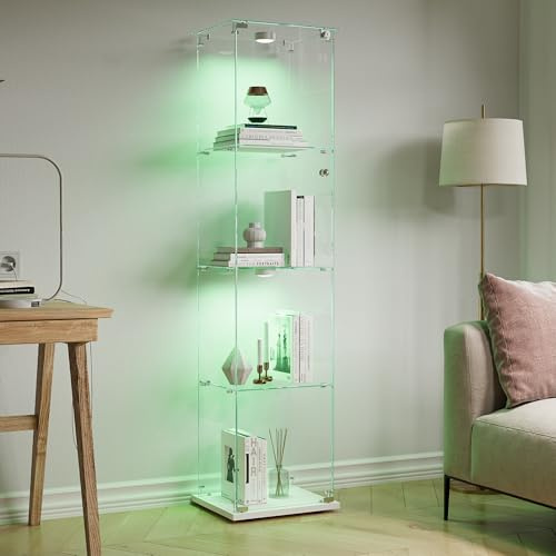 Vetrina in vetro con led, armadio vetrina per collezione con 1 anta 4 ripiani trasparente, mobile vetrina in vetro vetrina, statuetta, armadio vetrina, soggiorno bar (bianco, 4 piani, 1 porta + LED-1)