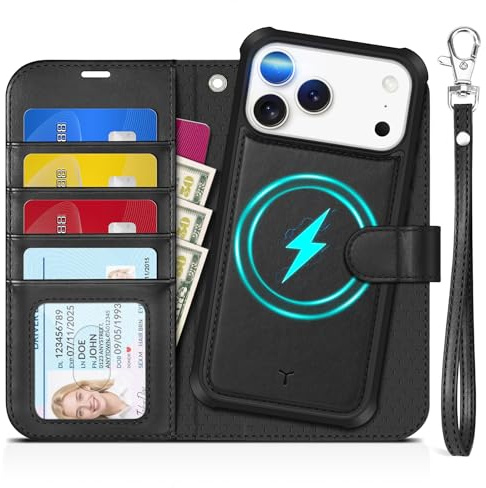 TUCCH Hülle für iPhone 17 Pro Max 6,9 Zoll 2025 Handyhülle Schwarz | 2-IN-1, Abnehmbar, Band, Ständer, RFID-Blocker, 4 Kartenfächer, PU Leder, Magnetische Klapphülle, Kabelloses Laden
