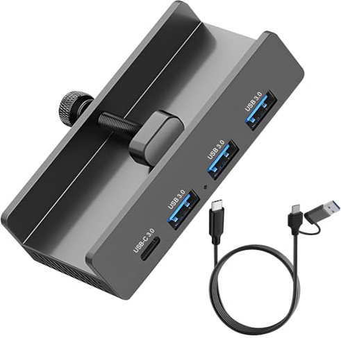 USB Hub Aluminium 3.0, 4-Port USB Hub mit 5V Stromversorgungsanschluss, 5Gbps Geschwindigkeitsübertragung, 3X USB-A 3.0 + 1x USB-C 3.0, 100 cm Kabel, Verstellbare Klemme für Monitor & Schreibtisch