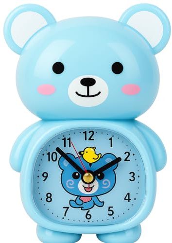 Süßer Bären-Wecker für Kinderzimmer, blaues Cartoon-Tier-Design, leicht zu lesende analoge Uhr mit Alarm, batteriebetrieben, Kinder-Nachttischuhr & Geschenk JR23042 (blau)