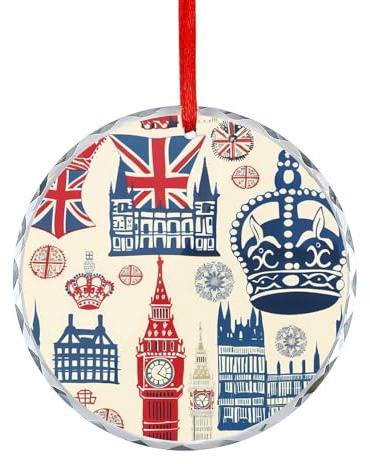 Vintage England London Big Ben Red Blue Crown Christmas Crystal Decoration Hanging Ornament Round Pendants for Xmas Tree Party Gifts