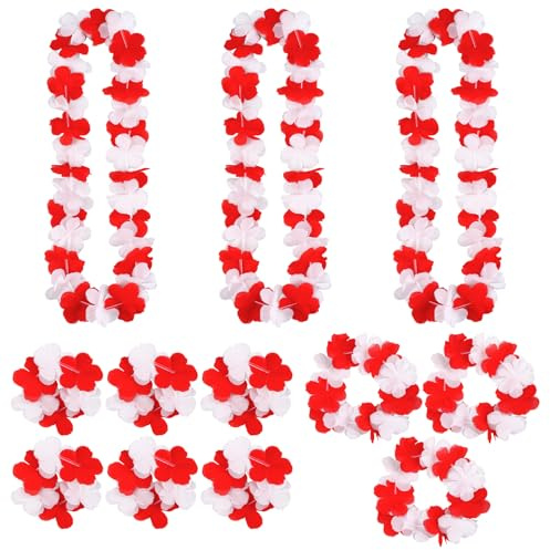 Haiabei 12 STK Karneval Blumenkette Rot Weiß, Karneval Deko Hawaii Kette Blumen, Karneva-l Accessoires, Bunte Frühlings Partydekoration für Hawaii-Party Festivals Mottoparty und Fotos