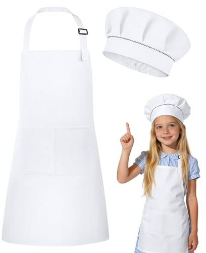 DiULi Set de Delantales Infantiles, Conjunto de Delantales Ajustable y Gorro de Cocinero Niños, Delantal de Chef con Bolsillos, Pequeños Cocineros Regalo para Hornear, Pintura y Jardinero