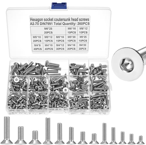 QWORK® 260 Stück 304 Edelstahlschrauben-Set, Innensechskant Senkkopfschrauben M4/M5/M6, für Elektronik und Maschinen