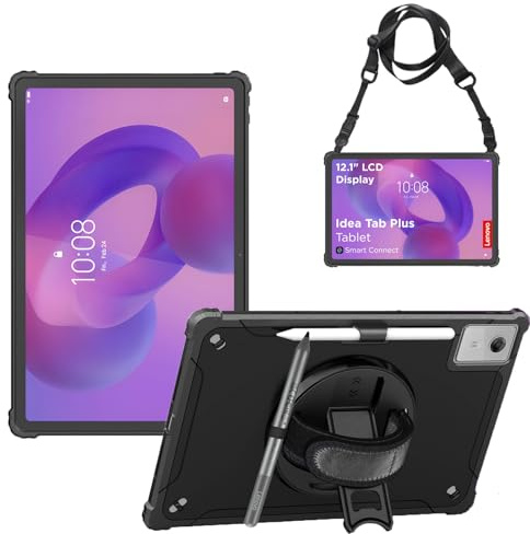 Junfire Coque pour Lenovo Idea Tab Plus (12,1 Pouces) 2025 avec dragonne | Étui de protection Antichoc avec 360° Support Rotatif, bandoulière, Porte-Stylet Compatible avec TB361FU (Noir)