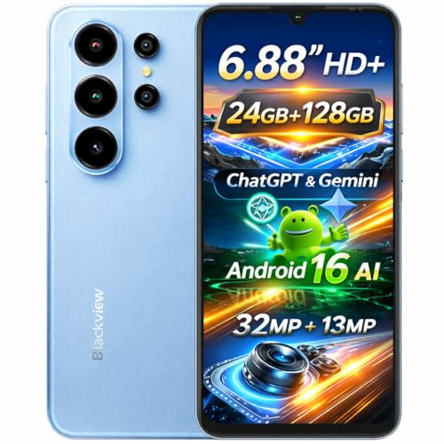 Blackview Wave 10 AI Smartphone, 6,88 HD+ Pantalla, 24GB+128GB(2TB Externa), 3 Asistentes Inteligentes IA, Cámara 32MP+13MP, Ranura para 3 Tarjetas, Android 16 Dual SIM, Teléfono Móvil GPS, Azul