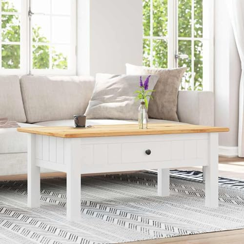 HOMELEN Couchtisch Massivholz Kiefer Weiß Mit Schublade 100x60cm