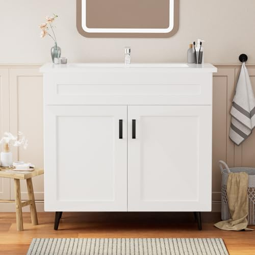 LDarqeer Waschbecken mit Unterschrank 90 cm breit, Freistehender Waschbeckenunterschrank, Badmöbel Set für Gäste-WC & Bad, 2 Soft-Close Türen, Waschtisch mit Keramikbecken, Weiße, Metallgriffe