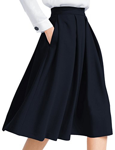 Yige Damen hohe Taille ausgestellter Rock plissiert midi Rock mit Tasche 14 dunkelblau