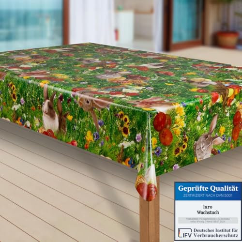 laro Wachstuch-Tischdecke Abwaschbar Garten-Tischdecke Wachstischdecke PVC Plastik-Tischdecken Eckig Meterware Wasserabweisend Abwischbar |53|, Muster:Ostern Blumenwiese Hase, Größe:80x80 cm