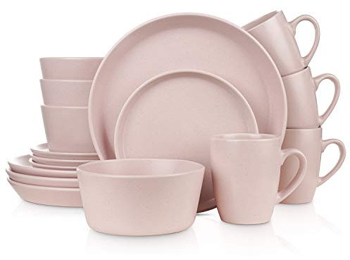 Stone Lain Albie Service de table moderne 16 pièces en grès avec assiettes et bols pour 4 personnes, rose