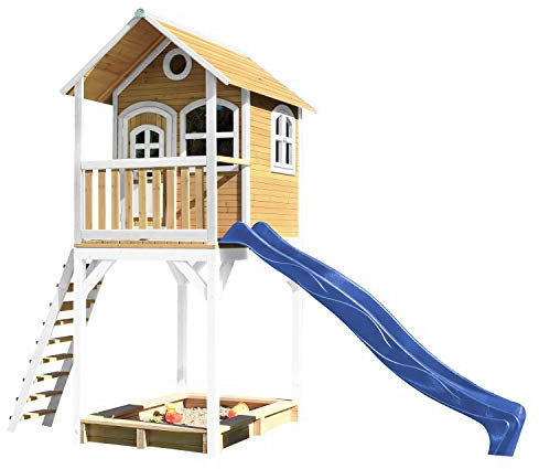 AXI Spielhaus Romy mit Sandkasten & Blauer Rutsche | Stelzenhaus in Braun & Weiß aus FSC Holz für Kinder | Spielturm für den Garten
