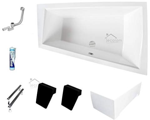ECOLAM® Badewanne Intima Duo Eckwanne für Zwei 180x125 cm RECHTS + Schürze aus Acryl + 2x Kopfstütze Ab- und Überlauf Automatik Füße Silikon Komplett-Set - PERFEKT FÜR ZWEI PERSONEN