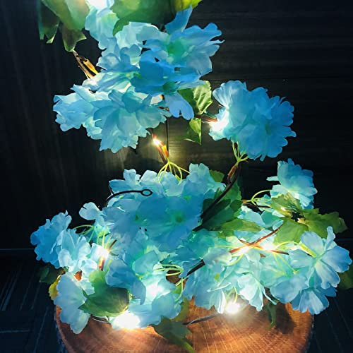 4 Stück Künstliche Hortensie Blumen Blätter Girlande Lichterketten7.7ft Kirschblüten Hängende Rebe Feenlichter für Hochzeit Valentinstag Hausgarten Dekor (Blau)