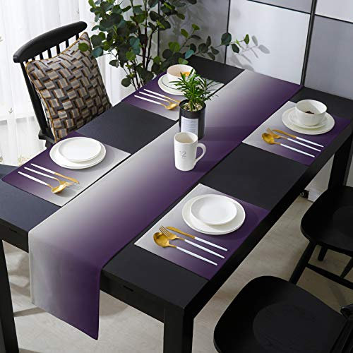 Amarainy Tischläufer mit 6 Platzsets, grau und violett, Farbverlauf, Baumwoll-Leinen, Esstischmatten-Set, hitzebeständig, waschbar, Tischset für Esstisch/Küche/Wohnzimmer/Büro/Picknick, 33 x 228 cm