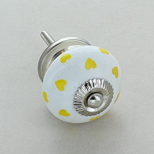 G Decor Polka Hearts Ceramic Door Knob Vintage Shabby Chic Cupboard Drawer Pull Handle (Yellow Hearts)