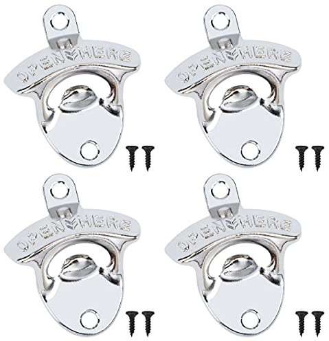 Abridores de Botellas de Pared, 4pcs Abridor Cerveza Vintage de Estilo Retro de Aleación de Zinc, Para Cerveza y Refrescos, Bar, Pub, Hogar, Cocina, Restaurante (Plata)