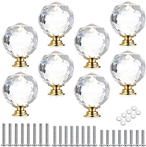 IGNPION 8Pcs Crystal Glass Cabinet Knobs 40mm Round Drawer Handle Knob Decorative Cupboard Door Pull Handles for Bedside Cabinet, Dresser and Chest, Golden