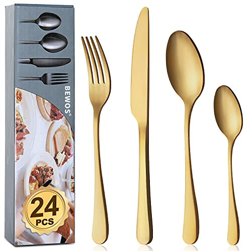 BEWOS Juego de cubiertos 24 piezas, juego de cubiertos dorado mate para 6 personas, cubiertos de acero inoxidable pulido a espejo, juego de cuchillo, tenedor, cuchara, apto para lavavajillas