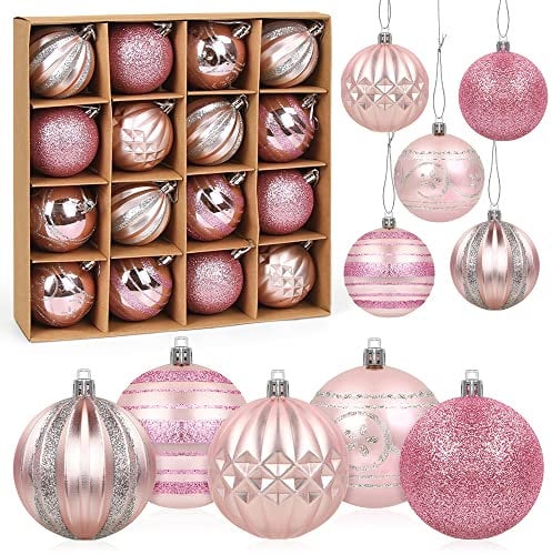 Bluelves Bolas de Navidad Rosas, 16pcs 6cm, Adornos Árbol Navidad, Bolas Plástico Con Gancho Para Decoración Casa