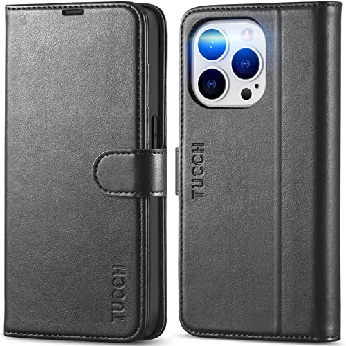 TUCCH Handyhülle für iPhone 14 Pro Hülle 2022 [RFID Blocker], Lederhülle Kunstleder TPU [Kartenfächer] [Standfunktion] [Magnet] Stoßfeste Schutzhülle, Bookcase (6,1 Zoll) Schwarz