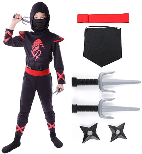 Sincere Party 7St Drachen Ninja Kostüm für Unisex Kinder, Ninja verkleiden sich Rollenspiel Outfit mit Zubehör 3-5 Jahre