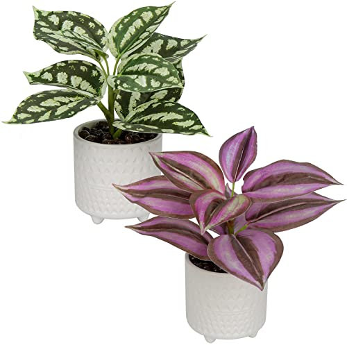 Lot de 2 Petites Plantes artificielles dans des Pots en céramique - Plantes artificielles décoratives en Pot - Plante réaliste - Plante d'intérieur pour la Maison, Le Bureau, la Cuisine
