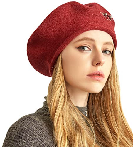 Winter Barett Mützen für Damen Wolle Strick Warm Perlen Baskenmütze Beanie Caps Rot