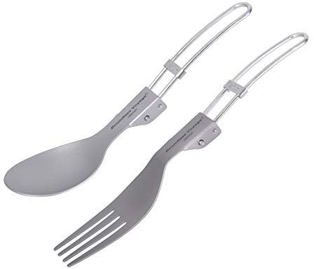 iBasingo Camping Cutlery Set Titanium Folding Spoon Fork Soup Rice Spoon Outdoor Travel Portable Tableware Small Lightweight Flatware Business Trip Picnic Hiking Fishing Dinnerware with Pouch Ti1024T