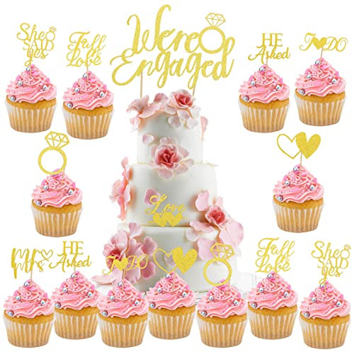 HOWAF 25 STK We're Engaged Cake Topper, Gold Verlobung Deko, Tortendeko Cupcake Toppers, Mr Mrs Cake Topper, Hochzeit Geschenk, Kuchendekoration für Hochzeitsdeko