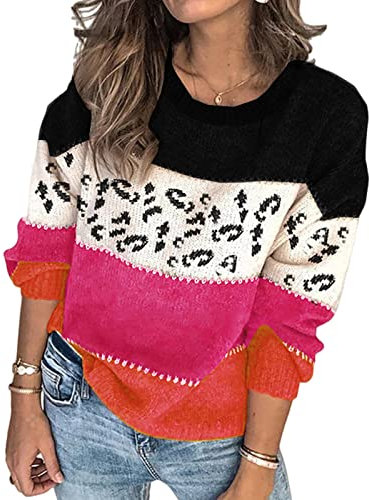 HEYPORK Damen Herbst Winter Warm Bequem Pullover Casual Mode Strickjacke Strickpullover Frauen Persönlichkeit Leopardenmuster Spleißen Mode Strickpullover Pullover(B Rot, L)