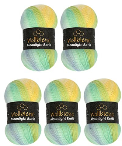 Wollbiene Moonlight Batik 5 x 100g Strickwolle 500 Gramm Wolle zum Stricken und Häkeln 20% Wolle türkische Wolle Farbverlaufswolle Strickwolle (3070 gelb türkis blau)