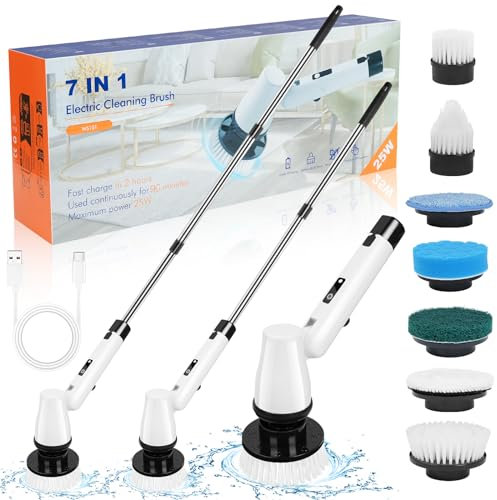 OSDUE Cepillo de Limpieza Electrico, Cepillo de Limpieza Inalámbrico con 7 Cabezales Reemplazables, Fregadora Giratoria Eléctrica Adjustable Extension Handle, para Bañera, Azulejo, Piso, Baño Pared
