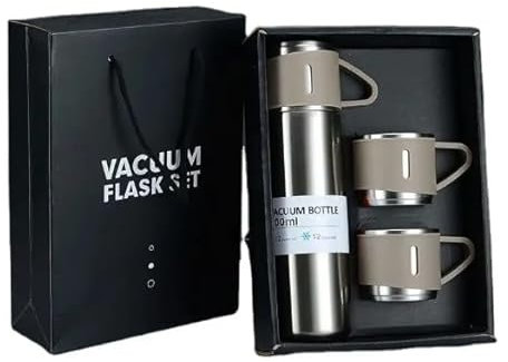 Modern Travel Thermal Flask Set - Flask set Stainless Steel Vacuum Insulated Bottle with Extra 2 Cup for Hot and Cold Drink (Silvery)
