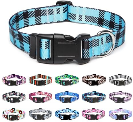 Mercano Adjustable Dog Collar - Special Design Patterns, Soft Nylon Comfortable Durable Pet Collar for Small Medium Large Dogs (S, Blue Plaid)
