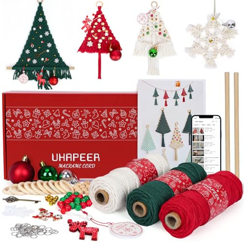 UHAPEER Makramee Set mit Weihnachtsdeko, Makramee Garn Kit mit Anleitung, 3mm x 50m Macrame Cord mit Holzperlen Holzringe, Bastelset Erwachsene für DIY Deko Weihnachten, Traumfänger, Weihnachtsschmuck