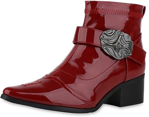 VAN HILL Damen Ankle Boots Blockabsatz Lack Trendy Schuhe 213467 Rot Lack 36