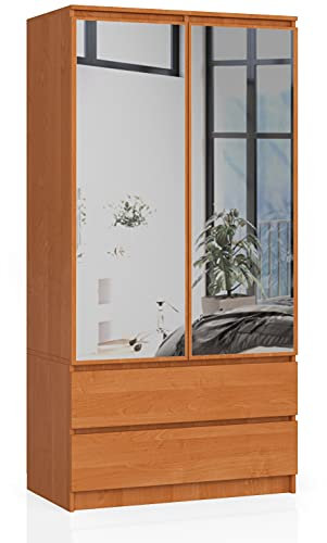 AKORD Kleiderschrank mit Spiegel S 90 cm 2 Türen 2 Schubladen mit Regalen und Einer Kleiderstange für EIN Schlafzimmer Kleiderschränke Schichtstoffplatte 16 mm Farbe Erle