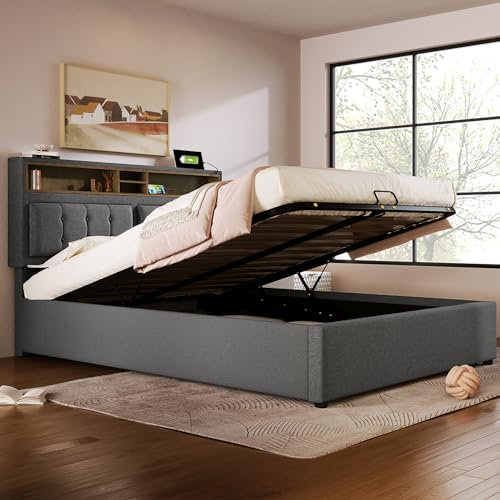 Merax Polsterbett 140x200cm mit USB C Steckdose, Hydraulisches Doppelbett mit Lattenrost & Verstellbares Stauraum Kopfteil, Funktionsbett, Bettgestell mit Bettkasten, Leinen, Ohne Matratze, Grau