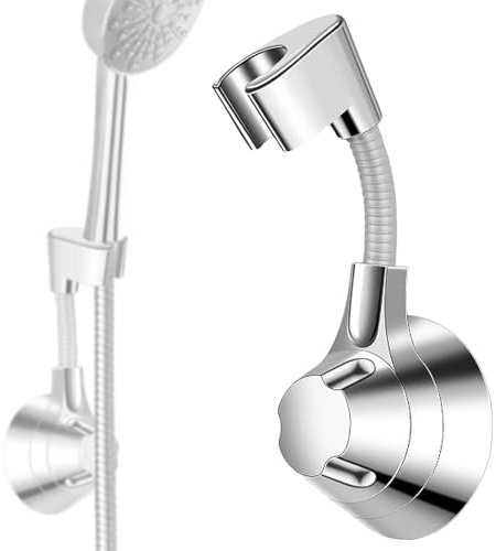Staffa Supporto Doccia Regolabile 360º, Soffione Universale, senza Trapano, Muro, Adesivo (Argento)
